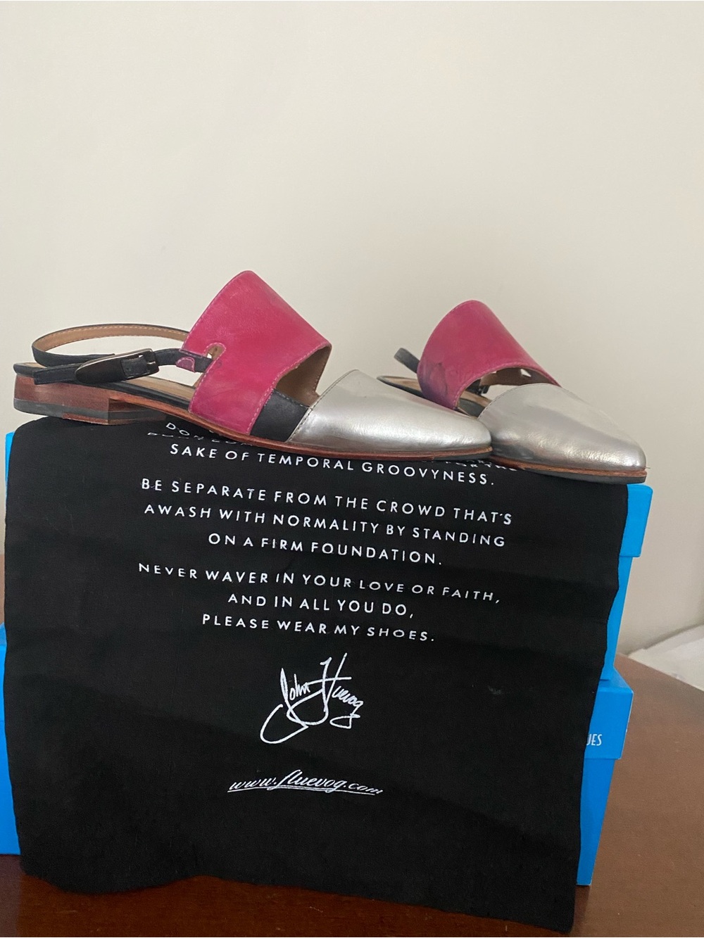 John Fluevog Pink and Silver Leather “History Slingback” Mules